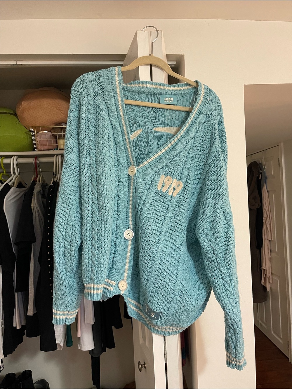 Taylor Swift Light Blue Cable Knit Cardigan with Contrast Trim